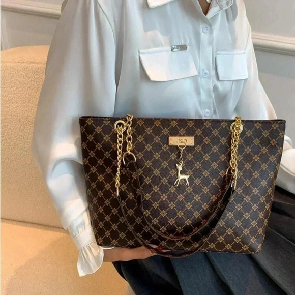 ⚠️Clearance Brown Patterned Large Tote Shoulder Bag Gold Pendant - Picture 9 of 11